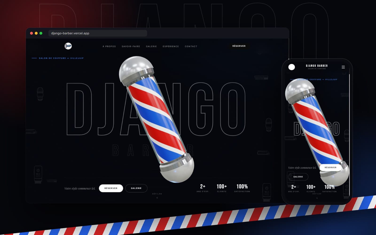 Aperçu du site Django Barber sur ordinateur et sur mobile, fond sombre et poteau de barbier rouge, blanc et bleu